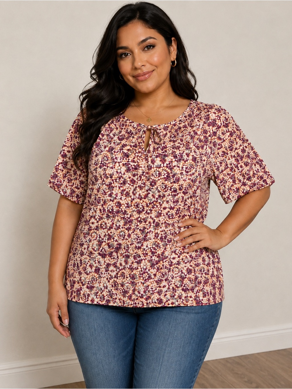 AnyBody Ruched V-Neck Short Sleeve Printed Knit Top Small New A648732